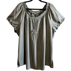 Faded Glory Women's 3X Olive Green Smocked Embroidered Rayon Blouse Short Sleeve